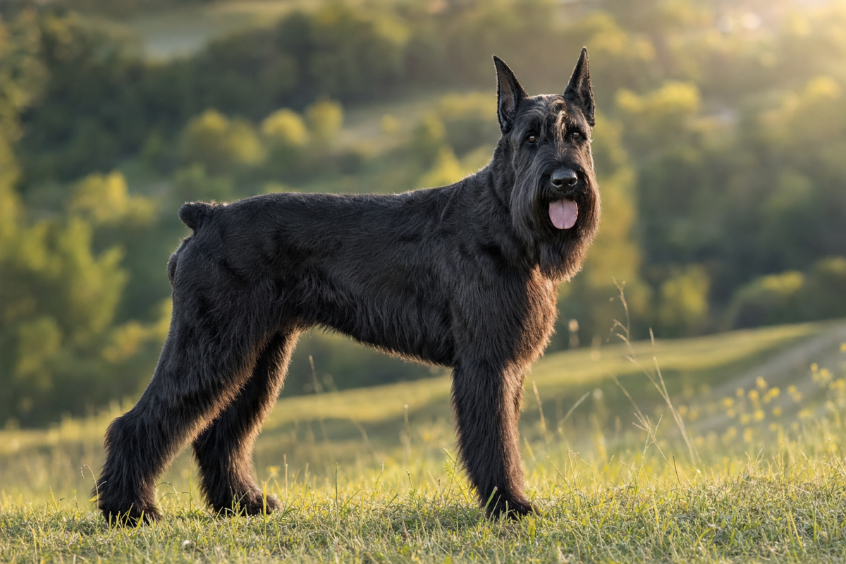 Adult Giant Schnauzer standing on a grassy hillside in golden hour light, showing the breed characteristic wiry black coat, beard and powerful working frame