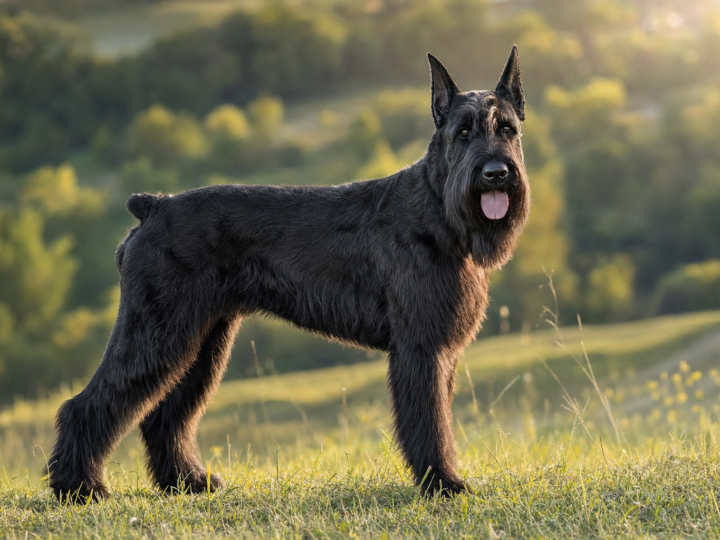 Adult Giant Schnauzer standing on a grassy hillside in golden hour light, showing the breed characteristic wiry black coat, beard and powerful working frame