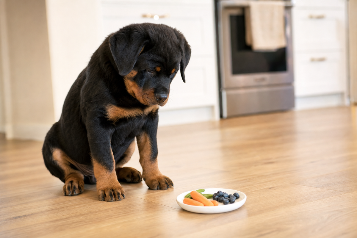 Black and tan Rottweiler puppy sitting on a wooden kitchen floor looking at a small dish of carrots, green beans and blueberries