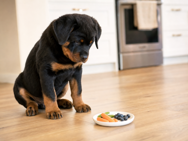 Black and tan Rottweiler puppy sitting on a wooden kitchen floor looking at a small dish of carrots, green beans and blueberries
