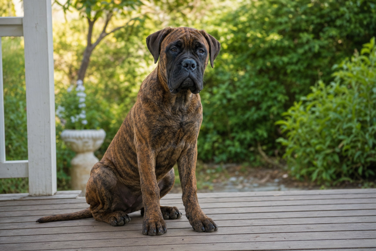 Six month old red brindle Bullmastiff puppy with a black mask sitting on a wooden front porch