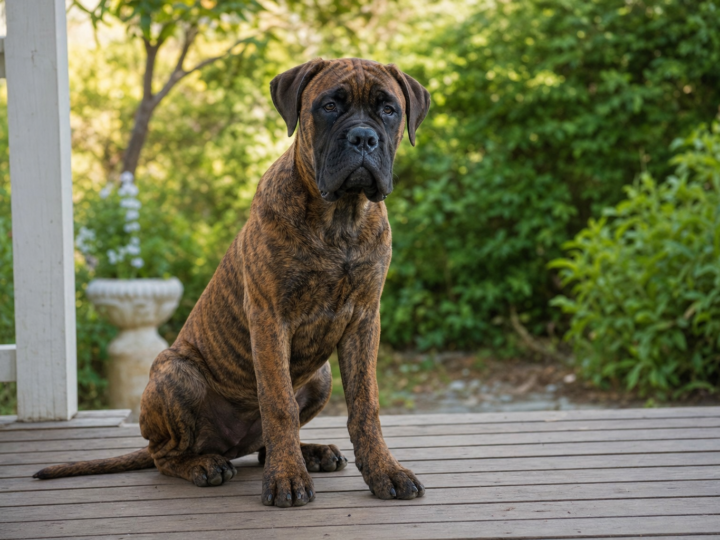 Six month old red brindle Bullmastiff puppy with a black mask sitting on a wooden front porch