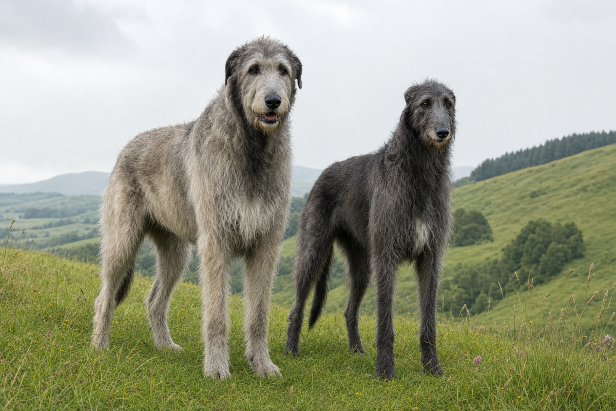 Grey Irish Wolfhound standing beside a dark blue grey Scottish Deerhound on a green grassy hillside under an overcast sky