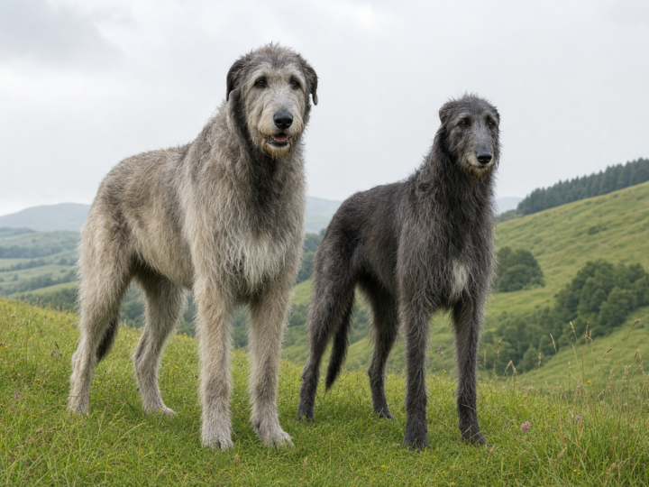 Grey Irish Wolfhound standing beside a dark blue grey Scottish Deerhound on a green grassy hillside under an overcast sky
