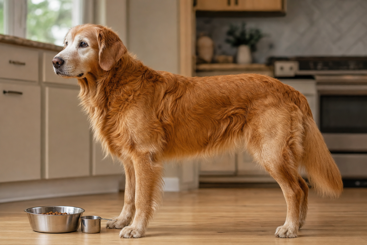 Lean senior Golden Retriever with a greying muzzle standing in profile on an oak kitchen floor beside a steel bowl of kibble and a measuring cup