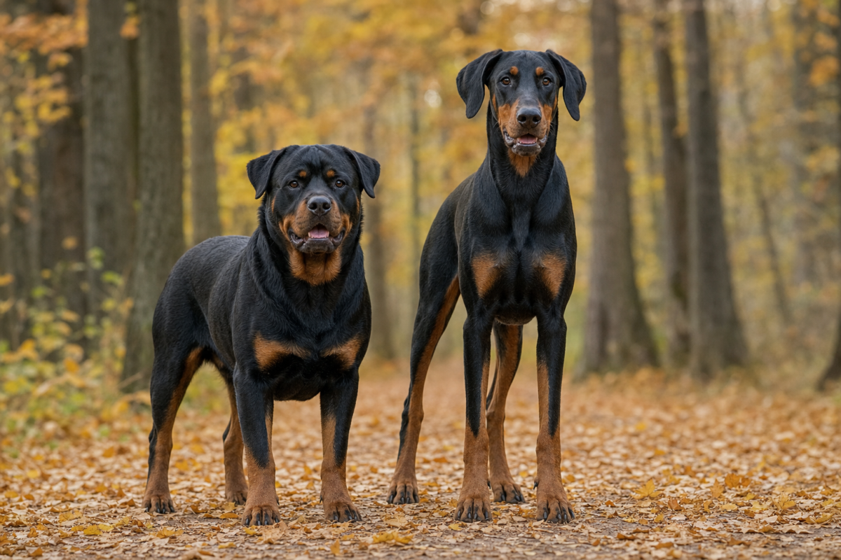 Adult Rottweiler standing beside a taller lean black and rust Doberman on a leaf covered autumn woodland path