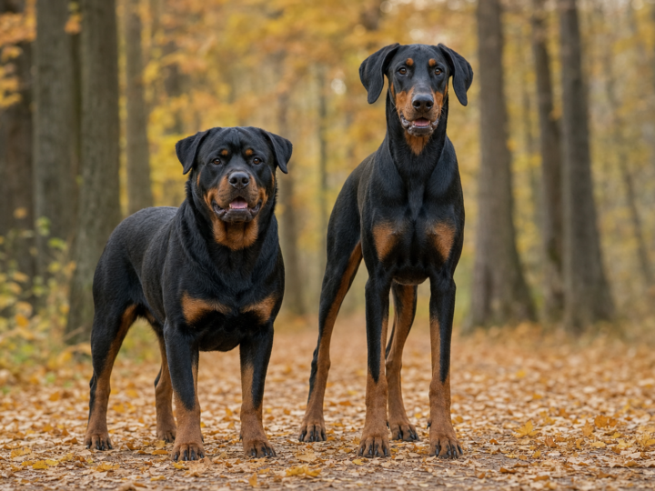 Adult Rottweiler standing beside a taller lean black and rust Doberman on a leaf covered autumn woodland path