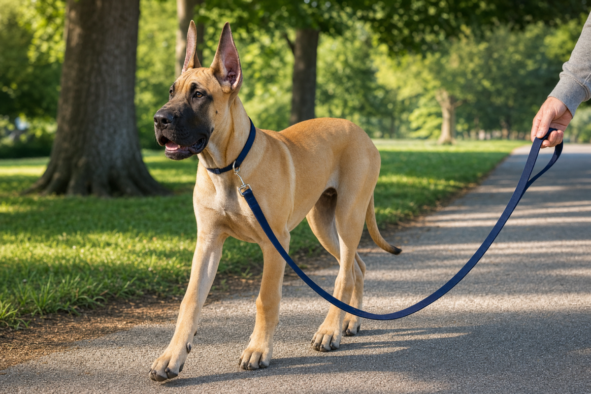 Young fawn Great Dane with a black mask walking on a loose navy blue lead along a sunlit park path lined with green grass and mature trees