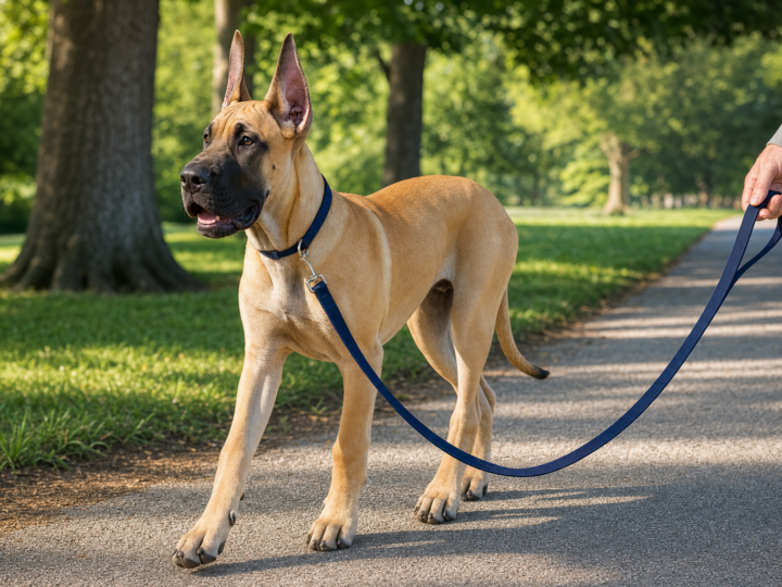Young fawn Great Dane with a black mask walking on a loose navy blue lead along a sunlit park path lined with green grass and mature trees