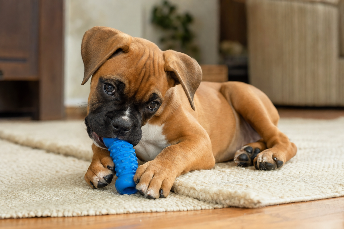 Fawn Boxer puppy with a black mask lying on a cream woven rug chewing a blue rubber chew toy