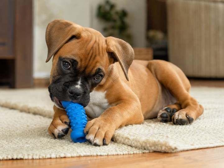 Fawn Boxer puppy with a black mask lying on a cream woven rug chewing a blue rubber chew toy