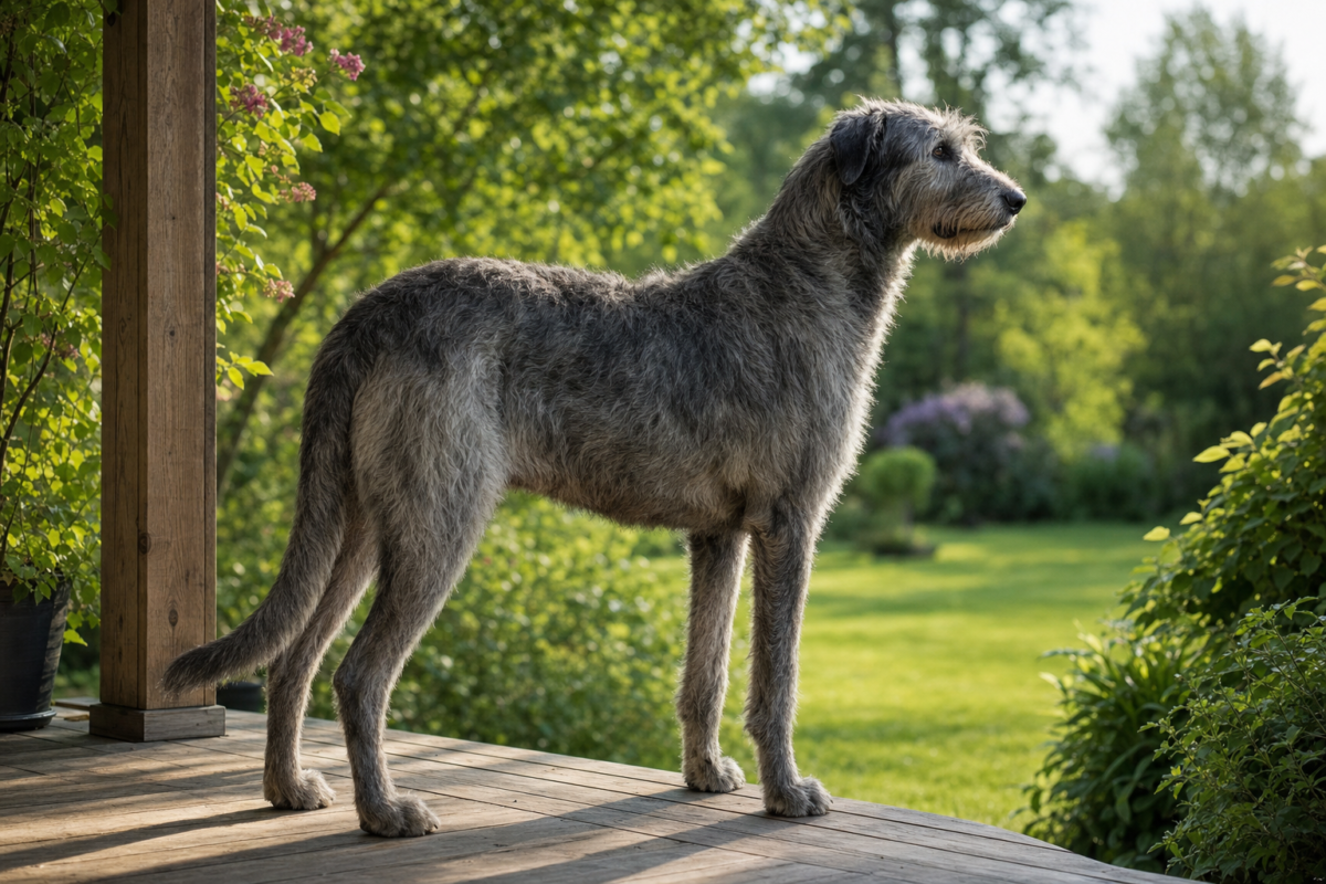 Irish Wolfhound standing on a sunlit wooden porch overlooking a green garden