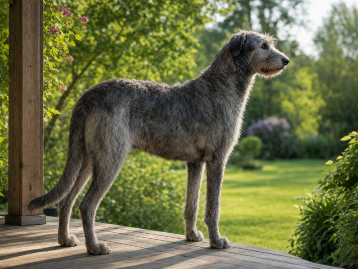Irish Wolfhound standing on a sunlit wooden porch overlooking a green garden